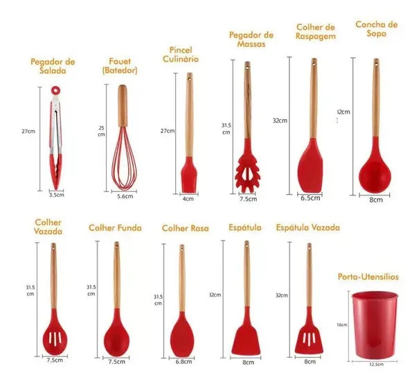 Kit Jogo 12 Peças Utensílios de Cozinha Silicone